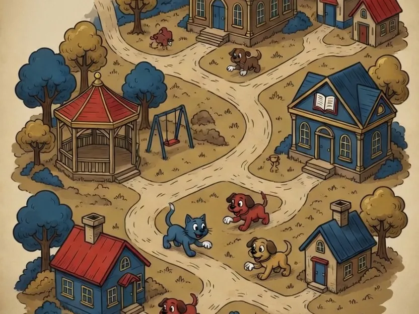 Illustrated map of the Petside world: a memory archive, a community hub, a playdates park, and a feed that never ends, dotted with cats, dogs, and small pets.