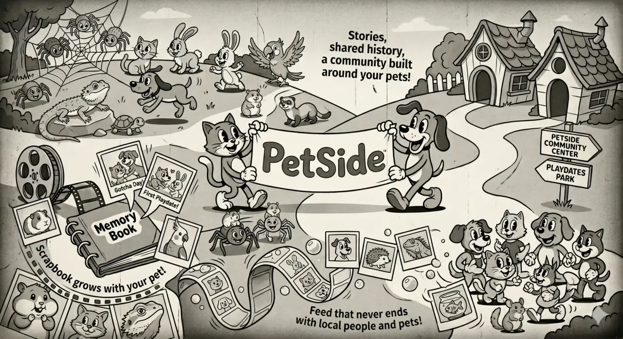 Whimsical storybook illustration of a cat and dog holding the Petside banner, surrounded by a memory book, a community center, and a playdates park.